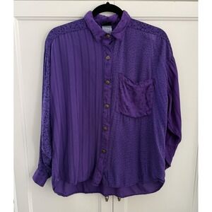 Vintage 80s Judy Knapp Purple Floral Stripes Block Print Shirt Medium Made InUSA